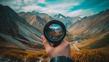 1 pessoa segurando Câmera fotografando montanha pico gerado de ai foto