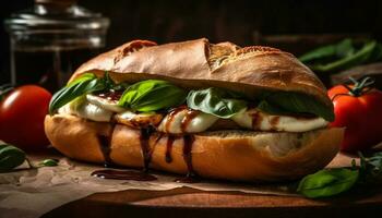 grelhado ciabatta sanduíche com fresco legumes e carne gerado de ai foto