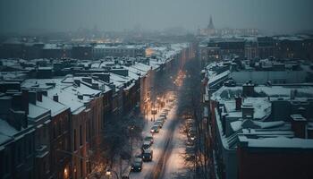 cidade luzes borrão dentro Nevado inverno noite gerado de ai foto