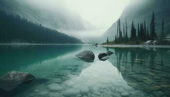 majestoso montanha alcance reflete tranquilo cena dentro água gerado de ai foto