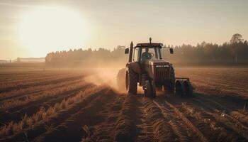 agricultor trabalhando ao ar livre colheita trigo às pôr do sol gerado de ai foto