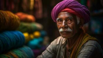 sorridente Senior indiano homem dentro colorida turbante gerado de ai foto