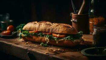grelhado ciabatta sanduíche com fresco carne e legumes gerado de ai foto