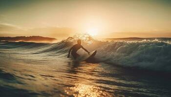 jovem adulto surfar ondas às pôr do sol silhueta gerado de ai foto