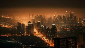 brilhando paisagem urbana às crepúsculo uma moderno metrópole gerado de ai foto