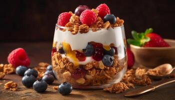 fresco fruta parfait com granola e iogurte gerado de ai foto