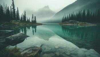 majestoso montanha alcance reflete dentro tranquilo lagoa gerado de ai foto