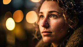 jovem mulher sorridente iluminado de rua luz gerado de ai foto