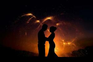 casal desfrutando uma fogo de artifício exibição juntos dentro a noite céu. generativo ai foto