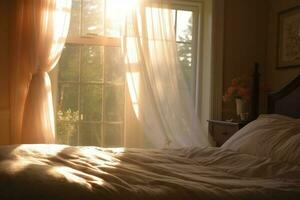 acolhedor branco cama Próximo para uma brilhante janela com natural claro. generativo ai foto