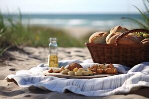 recentemente cozido pão cesta em uma arenoso praia, com a oceano dentro a fundo. generativo ai foto