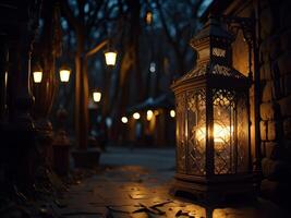 lanterna em a rua às noite. decorativo lanterna em a rua às noite. ai gerado foto
