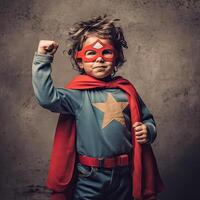 criança fingindo para estar uma Super heroi com apropriado traje com mãos acima ai gerado. foto