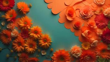 laranja e branco flores em azul fundo. floral abstrato fundo. generativo ai foto