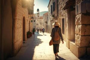mulher em período de férias anda em baixa uma ensolarado rua dentro Europa ai gerado foto
