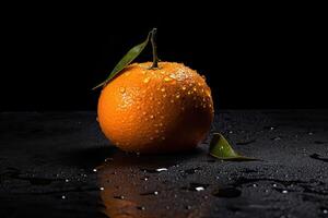 laranja com água gotas em Sombrio fundo ai gerado foto