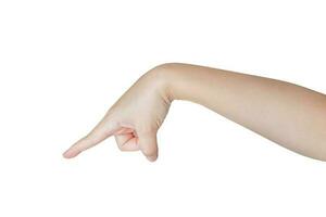 fêmea mão tocante ou apontando para alguma coisa isolado em branco fundo foto