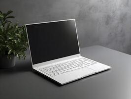 em branco computador portátil brincar em mesa , generativo ai foto