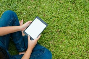 mulher sentado dentro parque em a verde Relva com computador portátil, aluna estudando ao ar livre. foto
