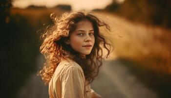 jovem mulher desfrutando natureza beleza às pôr do sol gerado de ai foto