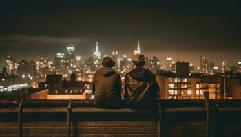 jovem casal abraça, admirando cidade Horizonte às crepúsculo gerado de ai foto