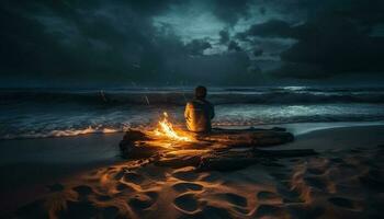1 pessoa sentado de fogueira em de praia gerado de ai foto