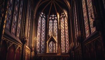 manchado vidro ilumina majestoso gótico catedral interior gerado de ai foto