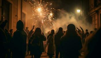 fogos de artifício explodindo, iluminador a noite céu com alegria gerado de ai foto