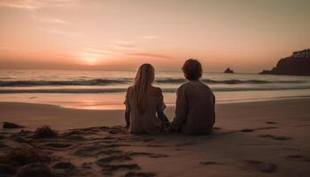 jovem casal abraços dentro natureza às pôr do sol gerado de ai foto