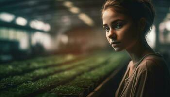 jovem mulher em pé em Ferrovia acompanhar, confiante beleza gerado de ai foto