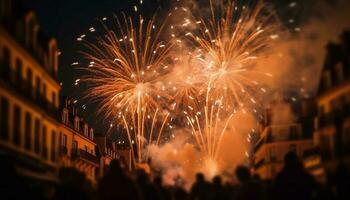 fogos de artifício explodindo, iluminador vibrante cidade Horizonte às noite gerado de ai foto