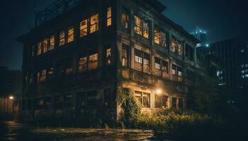 assustador arranha-céu ilumina abandonado cidade vida às noite gerado de ai foto