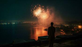 homens em pé dentro temor do explodindo fogos de artifício gerado de ai foto