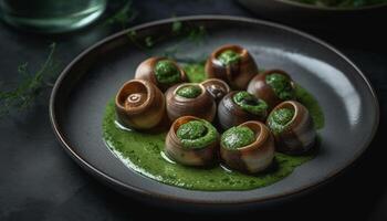 saudável comendo cozido no vapor escargot com alho molho gerado de ai foto