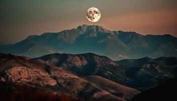 majestoso montanha alcance debaixo luar, uma tranquilo inverno panorama aventura gerado de ai foto