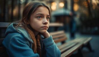 solitário menina sentado em Banco dentro outono, contemplando dela tristeza gerado de ai foto