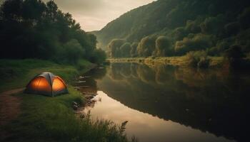 aventura espera dentro tranquilo floresta, acampamento de reflexão lagoa gerado de ai foto