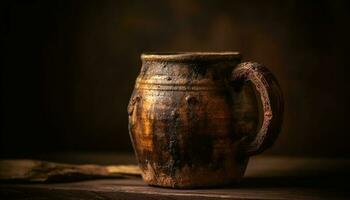 Antiguidade louça de barro jarro, uma rústico ainda vida decoração em mesa gerado de ai foto