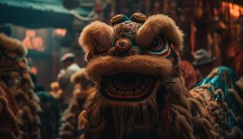 a colorida Dragão mascarar simboliza tradicional chinês cultura e celebração gerado de ai foto