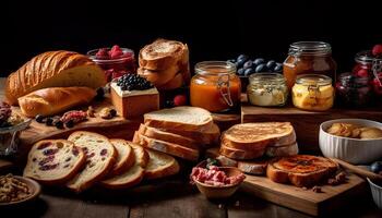 uma gourmet almoço com fresco pão, carne, e fruta variação gerado de ai foto