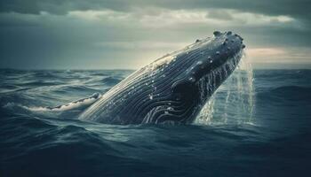 uma majestoso corcunda baleia violações, espirrando dentro a azul mar gerado de ai foto