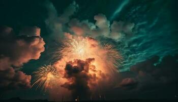 explosivo fogo de artifício exibição inflama vibrante cores dentro Sombrio noite céu gerado de ai foto