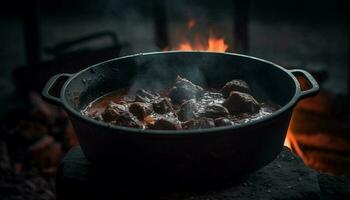 grelhado carne e carne de porco em fundida ferro, uma verão festa gerado de ai foto