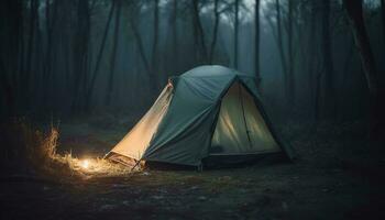 acampamento dentro a floresta, uma tranquilo cena com uma fogueira gerado de ai foto
