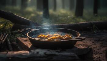 grelhado carne e legumes em fundida ferro frigideira, perfeito piquenique refeição gerado de ai foto