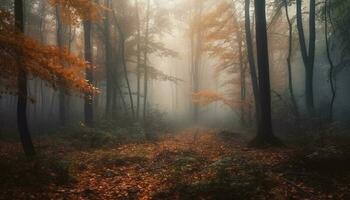 misterioso névoa mortalhas tranquilo outono floresta, revelador vibrante natural beleza gerado de ai foto