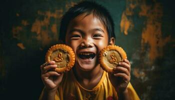 uma alegre criança comendo uma doce bolacha com alegria dentro de casa gerado de ai foto