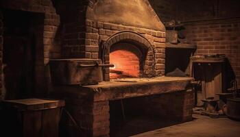 madeira queimando fogão aquece acima velho tijolo forno para rústico pão gerado de ai foto