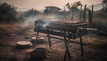 grelhado carne em espetos, cozinhando sobre quente carvão churrasco gerado de ai foto