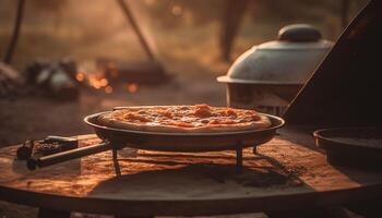 recentemente cozido pizza em rústico madeira queimando forno, uma gourmet deleite gerado de ai foto